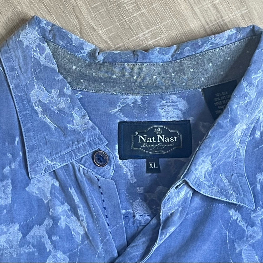 Men’s Nat Nast Short Sleeve Silk Blend Blue Shirt Sz XL